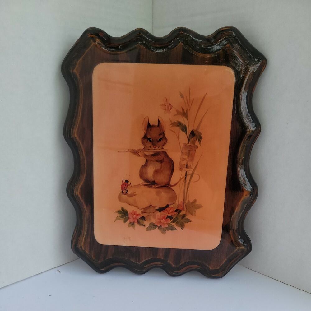 Vtg Laquer Wood Wall Plaque Mouse Playing Flute Ladybug, Pink Flowers 9"×7"